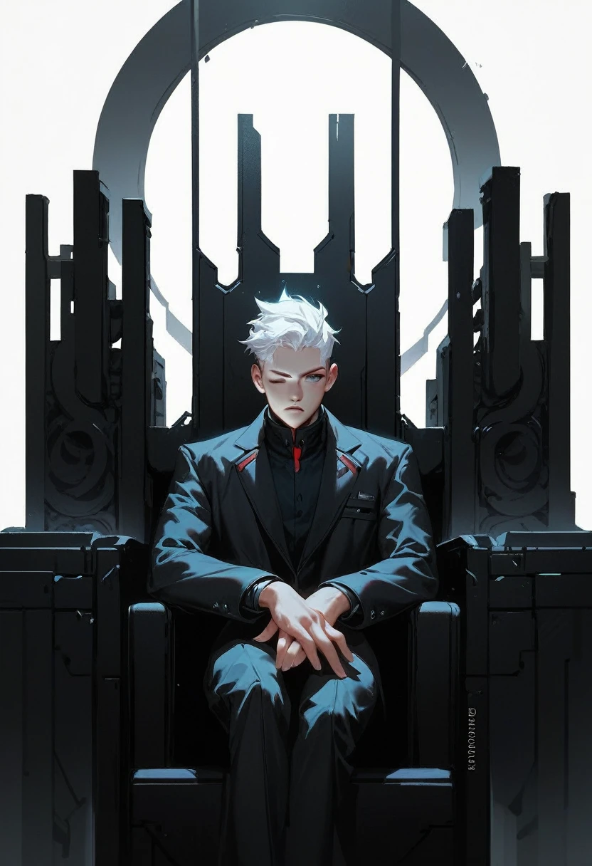 (score_9, score_8_up, score_7_up), zPDXL, 1 man, alone, facing forward, iron chair, black throne, black suit, black stripe on face, one eye closed, arms on sides, white hair, disheveled, cyberpunk, serious and thoughtful face, intimidating, simple background, white background with cables falling down, adult male, looking at the ground, dark aura, (black line on face), (arms resting on throne)