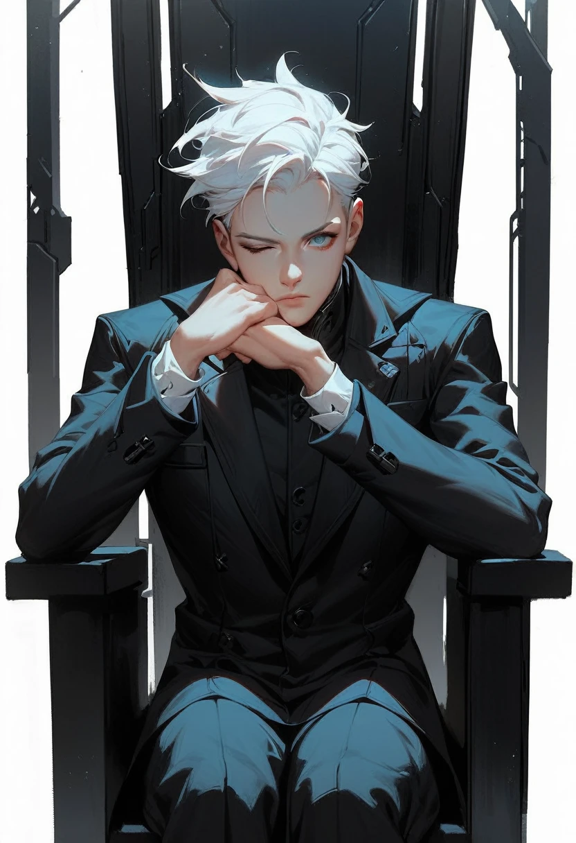 (score_9, score_8_up, score_7_up), zPDXL, 1 man, alone, facing forward, iron chair, black throne, black suit, black stripe on face, one eye closed, arms on sides, white hair, disheveled, cyberpunk, serious and thoughtful face, intimidating, simple background, white background with cables falling down, adult male, looking at the ground, dark aura, (black line on face), (arms resting on throne)