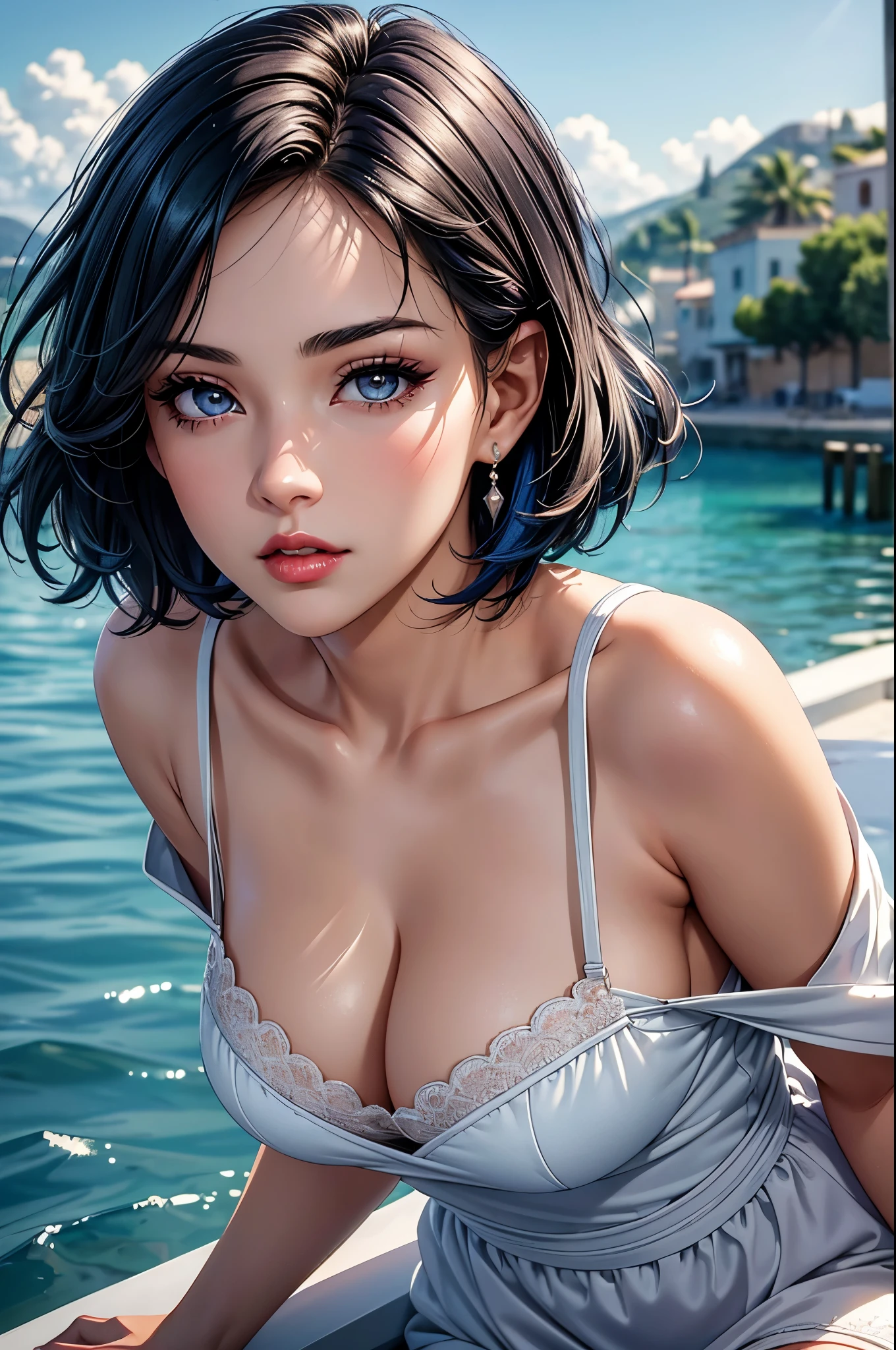 (best quality, 8K, masterpiece:1.3), pretty Woman, 1 girl, beautiful face, (Sexy), Dark blue hair, blunt bangs short hair, Ultra-detailed face, Detailed lips, super detailed eyes, double eyelids, long upper eyelashes, Soft skin, HD skin, Mediterranean, Vacation Homes, pier, seaside, Water Street, 8k, Super detailed, best quality detail, retina, Ultra-high resolution, masterpiece, ccurate