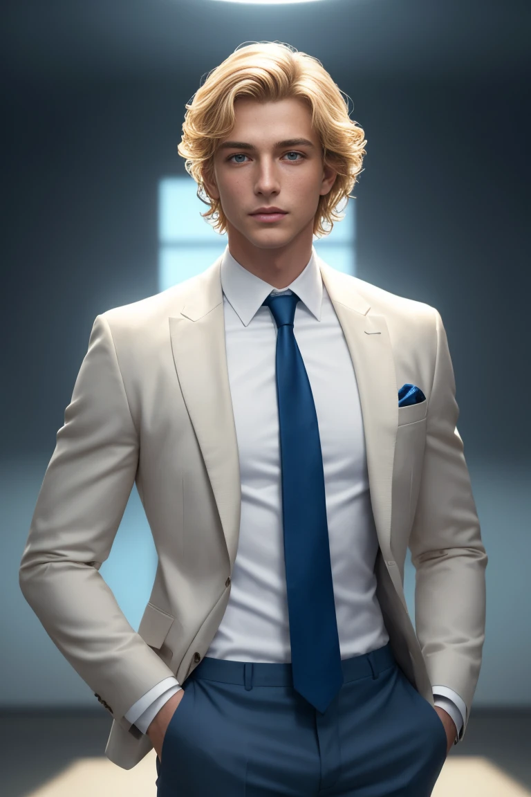 Masterpiece, Young Handsome Boy has short blonde hair, blonde hair, wavy hair, sky blue eyes, totally-clean-shave, 1boy, College Student, AS-Adult, he wears a fuchsia jacket with tie and pants, sky blue eyes, symmetrical face. wavy-hair, totally-clean-shave (Best Illustration), (beautiful-detailed eyes), (Best Quality Face, Fingers), Symmetrical, smooth, sharp focus, illustration, realistic, artstation, award winning photography, octane render, cinematic lighting from the right, hyper realism, octane render, 8k, depth of field, 3D. He has both hands in his pockets. He looks at the viewer. Full Figure. Background a castle