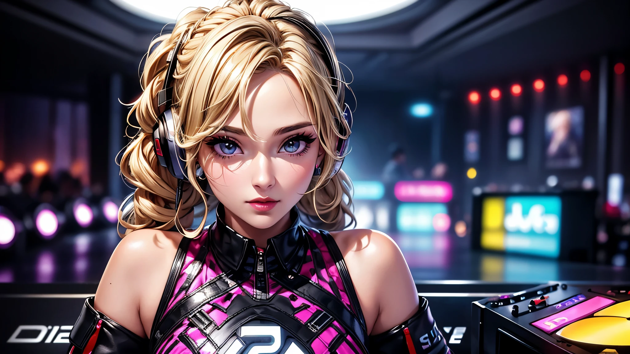 (best quality, 8K, masterpiece:1.3), pretty Woman, 1 DJ girl, beautiful face, (DJ girl at nightclub, Super popular DJ player, Enjoy operating DJ equipment:1.2), (Sexy), blonde hair, curly braided ponytail, (Stylish clothing), Wear headphones, Displaying the viewer, Focus on the venue, Ultra-detailed face, Detailed lips, super detailed eyes, double eyelids, long upper eyelashes, Soft skin, HD skin, portrait, 8k photo, depth of field, Super detailed, best quality detail, retina, Ultra-high resolution, masterpiece, ccurate 