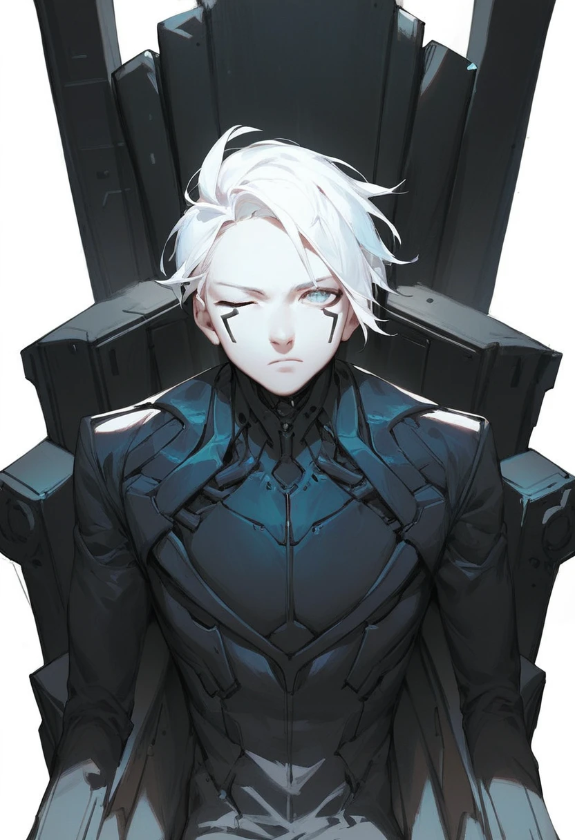 (score_9, score_8_up, score_7_up), zPDXL, 1 man, alone, facing forward, iron chair, black throne, black suit, black stripe on face, one eye closed, arms on sides, white hair, disheveled, cyberpunk, serious and thoughtful face, intimidating, simple background, white background with cables falling down, adult male, looking at the ground, dark aura, (black line on face), (arms resting on throne)