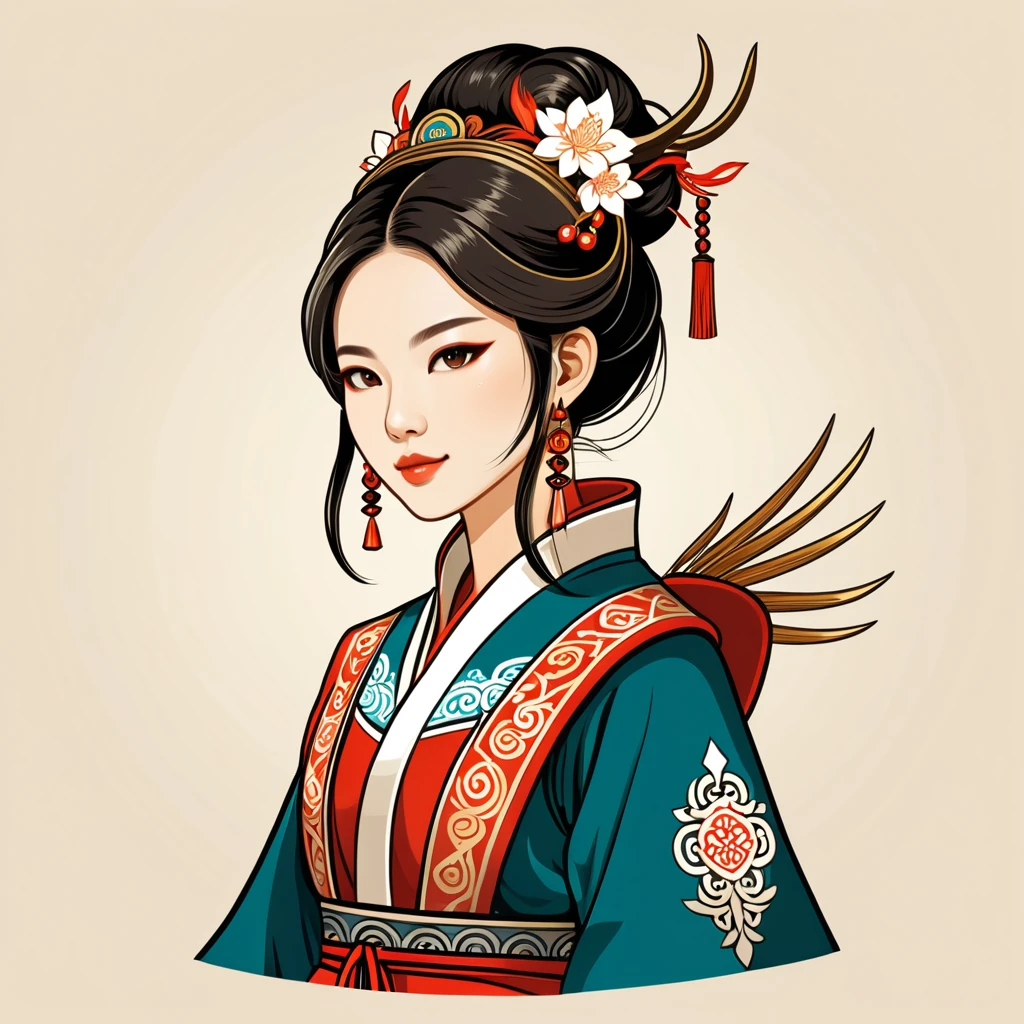 female	summoner	in taiwan folk outfit	,vector graphics, strong contours, logo design																						