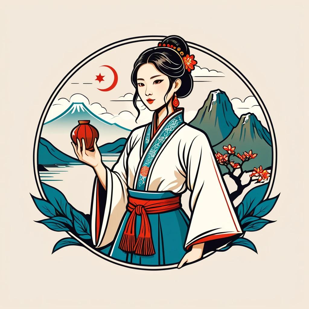 female summoner in taiwan folk outfit ,vector graphics, strong contours, logo design