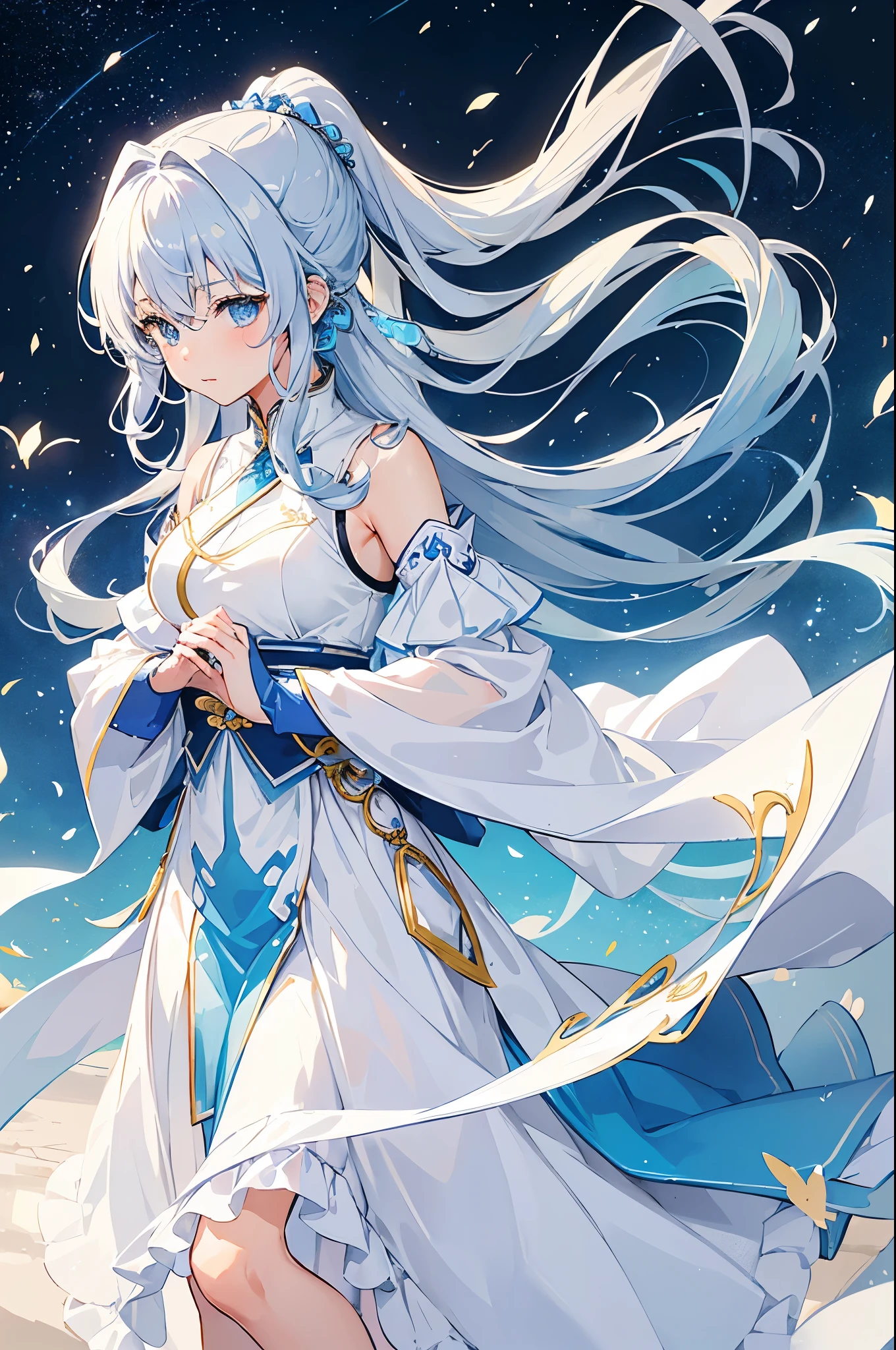 ((High Quality, Shounen Style, Isekai Style)), a fair-skinned girl with light blue eyes and medium-length silver curly hair. She wears a white and blue outfit based on traditional oriental clothing with magical blue details on the outfit. She has a gentle aura and is standing in front of a white oriental temple.