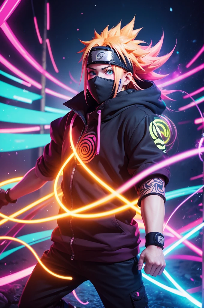 Create a Naruto Shippuuden image with lots of neon colors and a psychedelic vibe