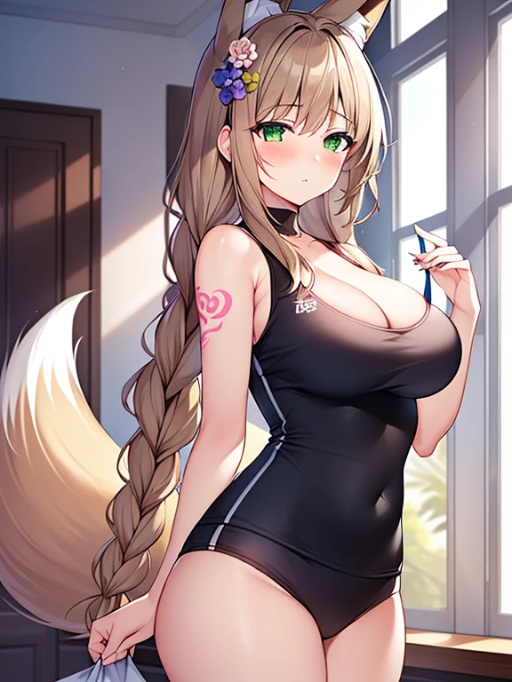 masterpiece, Highest quality, Highest Resolution, One girl, alone, Oversized fox tail,Green Eyes,(Long brown hair_Sideways French braided hair),Small flower head dress, (Age 27,Busty Wife)_Mature female figure_F Cup,modern architecture,(Blushing:1.3),Represents medium , On the stomach_Succubus Tattoo, Mature Woman, sexy sports vest