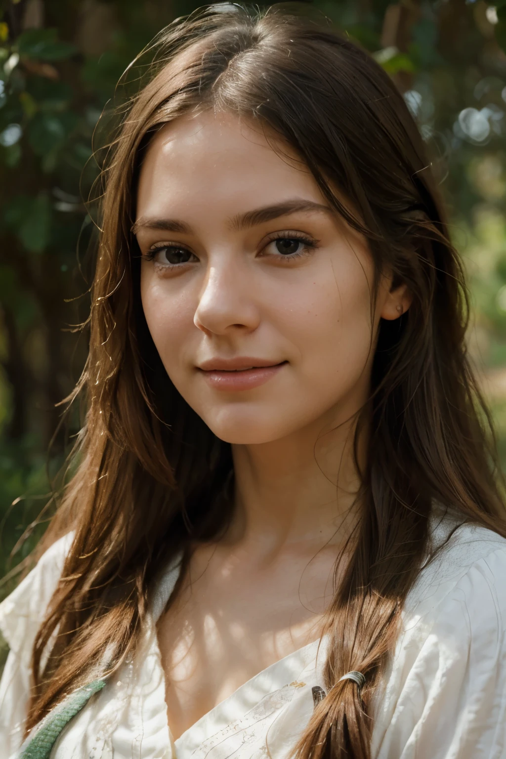 a woman with soft facial features, gentle smile, long flowing hair, detailed face, high quality, realistic, photorealistic, 8k, hyperdetailed, masterpiece, natural lighting, warm colors, serene, portrait
