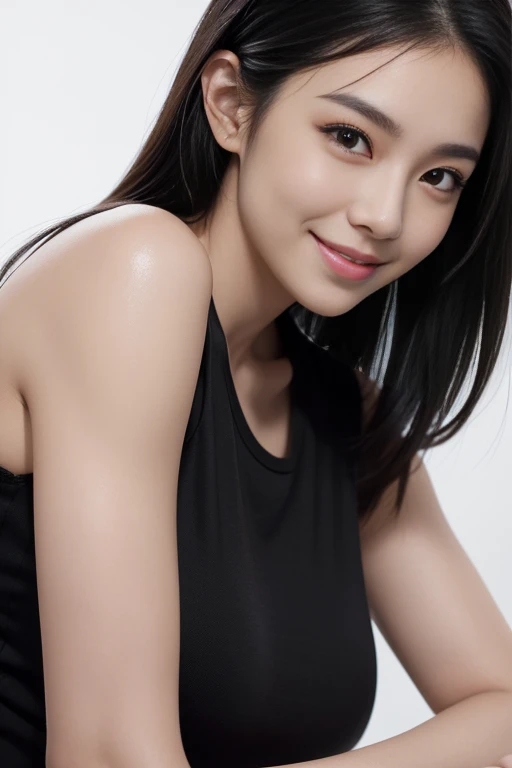 masterpiece, best quality, photorealistic, raw photo, 1girl, Black Long hair, Large breast, Black Muscle Shirt , light smile, detailed skin, pore, simple background, Upper-body, facing the viewer, close-up