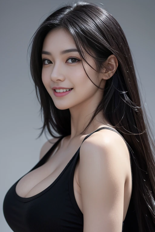 masterpiece, best quality, photorealistic, raw photo, 1girl, Black Long hair, Large breast, Black Muscle Shirt , light smile, detailed skin, pore, simple background, Upper-body, facing the viewer, close-up