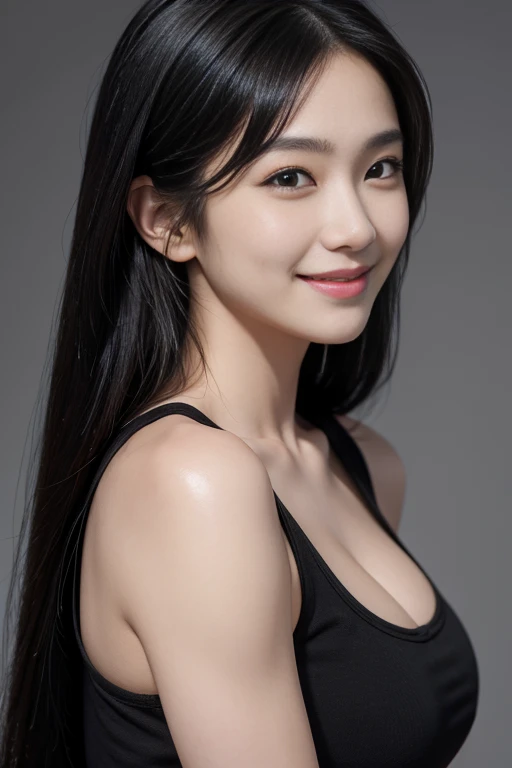 masterpiece, best quality, photorealistic, raw photo, 1girl, Black Long hair, Large , Black Muscle Shirt , light smile, detailed skin, pore, simple background, Upper-body, facing the viewer, close-up