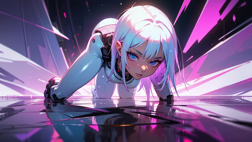 A 30-year-old woman on all fours in a puddle of water looks at the viewer, White hair, shaved hair, tight sexy white bodysuit, LF, not good, cybernetic accessories, Beautiful face, Super Detailed Eyes, Perfect eyes, medium breast, close, hot-tempered and lustful, hungry for more, foreground, Blue eyes, purple lipstick, neon lights, cyberpunk, COMPLETELY WHITE BACKGROUND, Particles of fire, hot body, wet skin, front, permission 8k, super detailed, high quality, abstract background, lip filler, sexy lips, big lips, Beautiful, Average butt, Backlight, wet skin, cyberpunk girl, crystal clear eyes, Perfect eyes