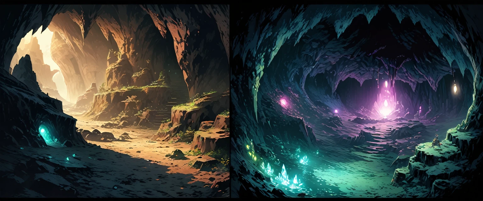 cave,The interior of the cave,Pitch black,There are some glowing crystals inside,The cave is full of strange lights。Bird's eye view composition,Panorama pictures,Scene screen,Game concept art style,Anime illustration style,HD,4K。