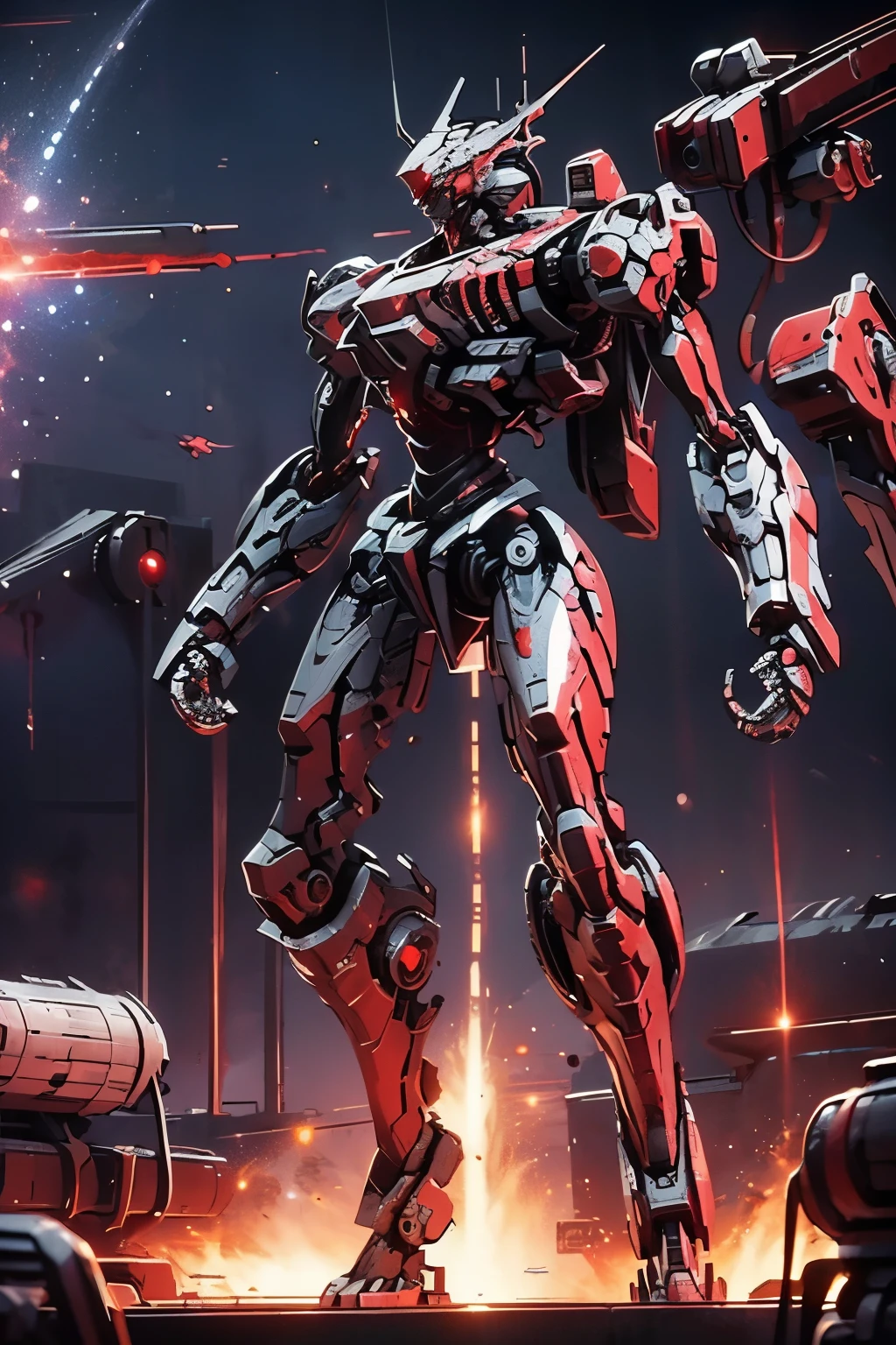 Extremely detaild, intricate, 8K, HDR, natural light, cinematic lighting, masterpiece-anatomy-perfect, ultra HD, Space Battlefield, Unreal Engine, RAW photo, metallic, professional, ultra-fine painting, perfect body proportions, anatomically correct, uhd, real texture material, Anti-Aliasing, FKAA, TXAA, RTX, SSAO, Post Processing, Post Production, Tone Mapping, CGI, VFX, SFXHyper maximalist, Volumetric, ultra photorealultra-detailed intricate details. (Mech vermelho-sangue: 2, com detalhes em bege: 2). Estrutura feita de ossos, olhos vermelhos vívidos. Carregava consigo uma lança feita de ossos com detalhes em vermelho. . (Obra de arte, melhor qualidade: 1.5), (Space battlefield: 1.5).