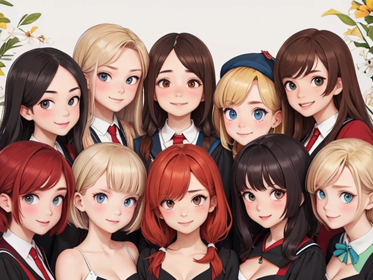 (Best quality, masterpiece), group photo of 8 very different beautiful students, different emotions, Free postures, Different hair colors(among them there is only 1 redhead, 3 blondes, 2 brown-haired and 2 brunettes), Different hairstyles, different hair lengths, different eye colors, Different physiques, Different breast sizes, (there is definitely 1 gloomy Asian brunette in the photo, 1 short-haired blonde duck, 1 long haired redhead, 1 brunette hippie with pigtails), graduation photo album, beautiful faces, upper body