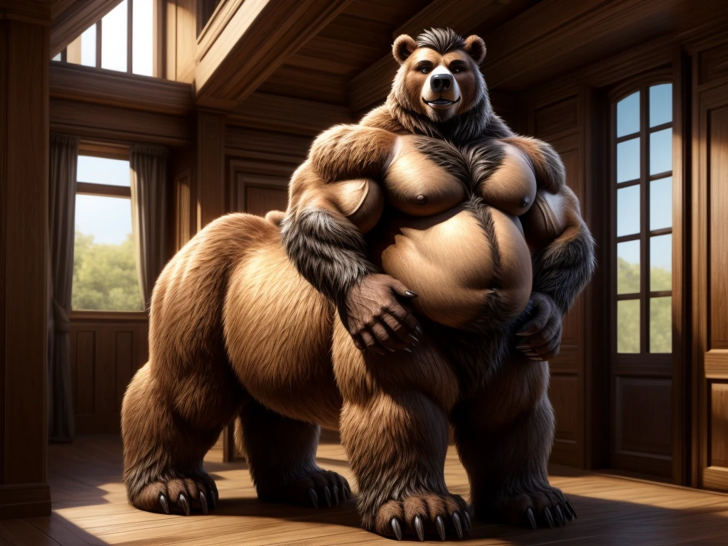 furry, fur taur, beartaur, middle-age, solo,1man, detailed face, bear ears, bear eyes(brown), bear nose(black), bear mouth, garibaldi beard(grey), hair, mature hair(grey), detailed arm, thick arm, forearm hair, muscular, thick hands(5 fingers), thick claws, detailed body belly, thick body, muscle belly(white), thick chest, chest hair(white), nipples, detailed taur body, thick taur body, waist hair, thick bear paws, bear paws hair, thick bear claws, thick bear tail, full body shot, standing on the top floor