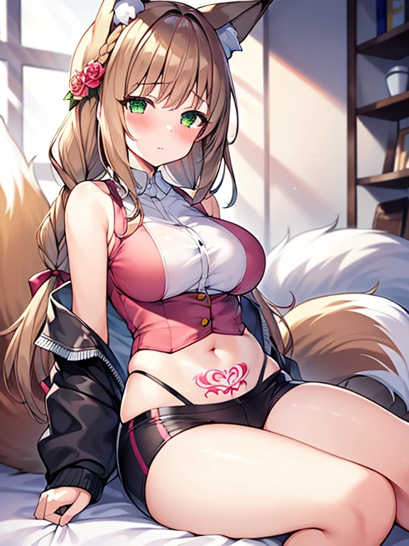 masterpiece, Highest quality, Highest Resolution, One girl, alone, Oversized fox tail,Green Eyes,(Long brown hair_Sideways French braided hair),Small flower head dress, (Age 27,Busty Wife)_Mature female figure_F Cup,modern architecture,(Blushing:1.3),Represents medium , On the stomach_Succubus Tattoo, Mature Woman, sexy sports vest