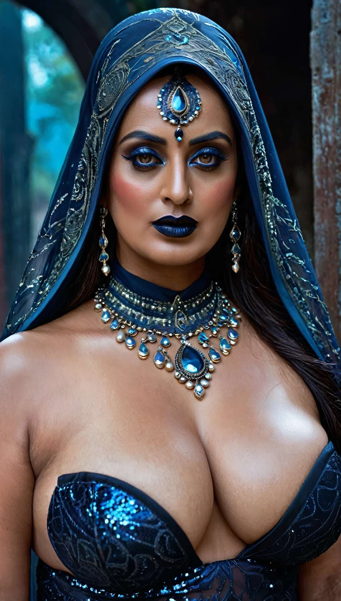 Looks like Mahie Gill, full body Closeup shot, Big chubby aunty, milf, cougar lady witch, horny Gothic milf, evil mommy, naughty evil woman, satan woman, 70 years old gorgeous mature lady, pervert demoness, demoness of lust, curvy, black lips, horny face, extremely gorgeous, thick figure, heavy physique, voluptuous, curvy, sexy figure, Fashionable portrait of androgynous alien looking witch wearing veil, glowing eyes, futuristic design, minimal details, givenchy, photoreal, 200mm, hd, f/ 2.0, highly detailed, surreal, sexy beautiful evil woman, sexy bold sequin Saree with strapless Bra, chudail, Pishachini, horror genre, blood-thirsty enchantress, powerful female spirit, eerie, drop dead, in the style of red and blue, (intricate details, hyperdetailed:1.15) (skin texture:1.2), dark Moody tone, cinematic lighting, haunted place in background, 