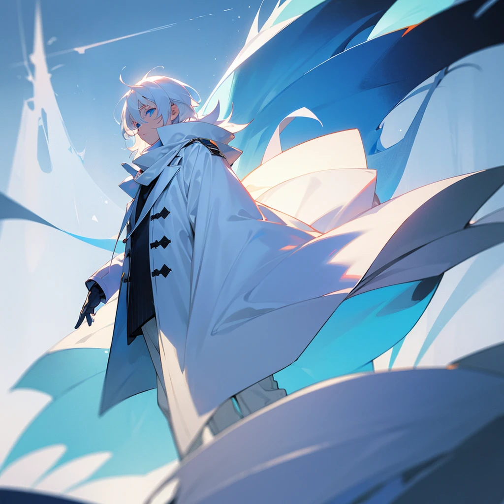 A young boy with white hair, glowing light blue eyes,he wears a white coat with a scarf,his coat was big and cozy...He walks with a girl with white hair and beautiful blue eyes.