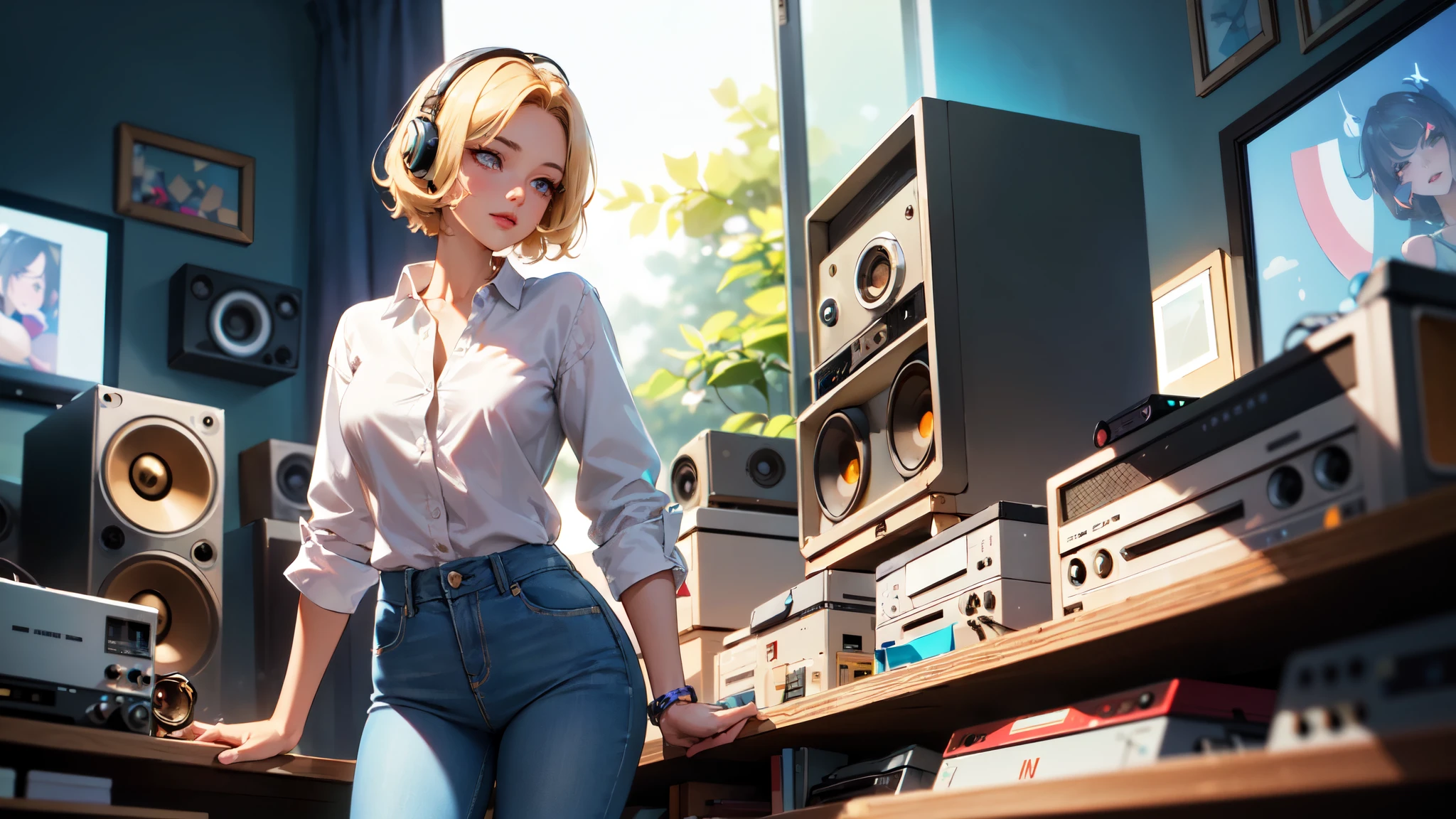 (masterpiece, Best quality:1.4), ultra detailed, soft light, daylight, cinematic light, granularity, (depth of field), (1 woman, One:1.4), mature woman, perfect female form, (perfect face, detailed face, glossy lips, Eyeliner), short hair, blonde, (natural breasts), (white unbuttoned shirt, jeans, split), (Mixtape:1.4), (Music Store, discs, vinil, radios, amplifiers, speakers, headphones), (standing),