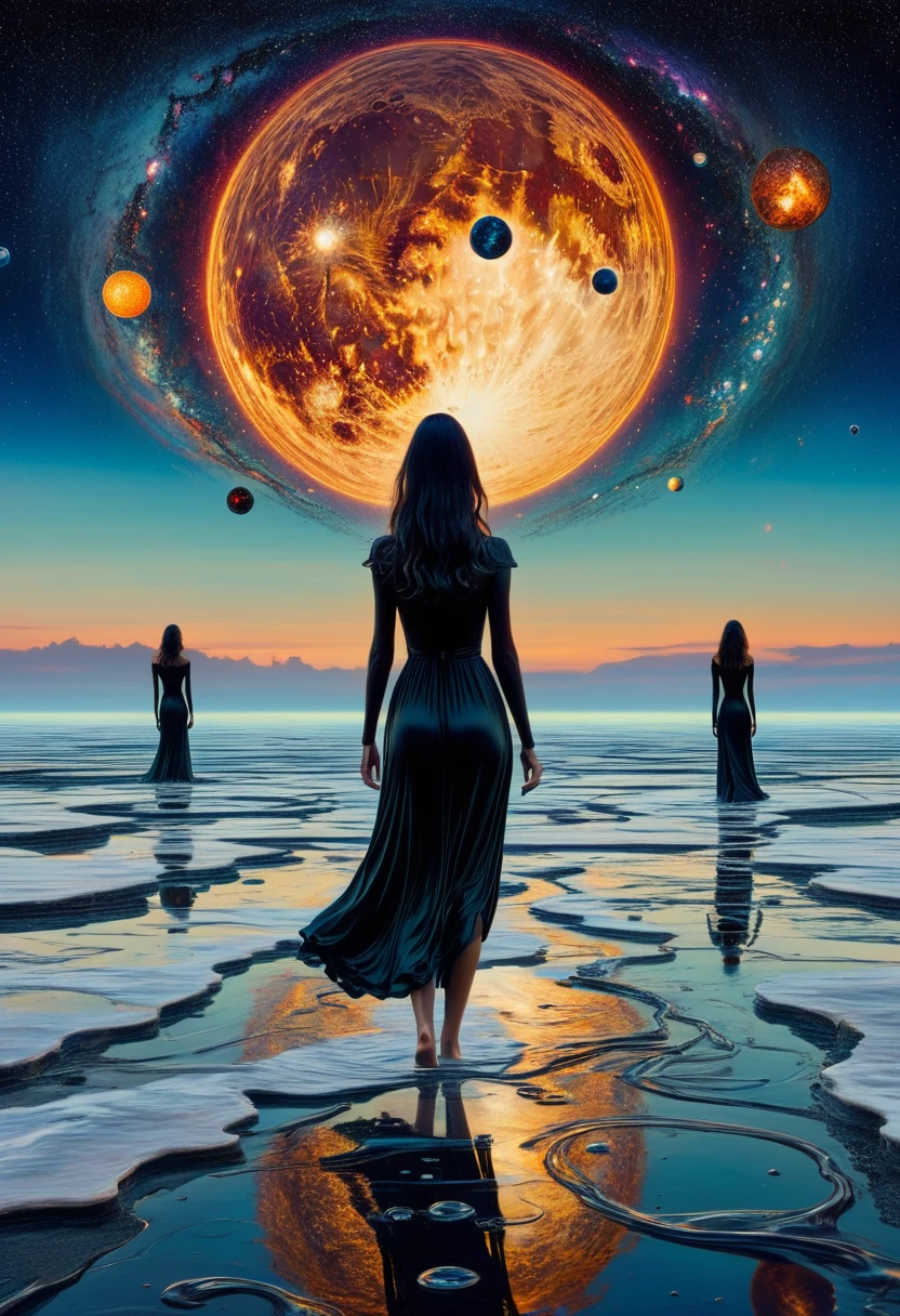 create a dark multiverse with planets, a very beautiful woman walking on a melted sea,cosmos,surrealist art, abstract, style of Dali and Edvard Munch, expressionism, some melted images,painting picture