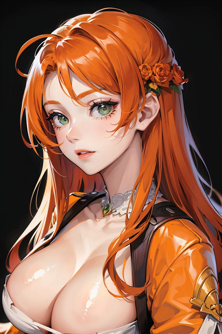 long orange hair, green eyes, large , profile picture, portrait