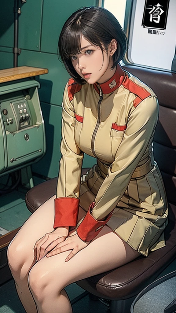 -yeld giEarth Federation Operator Girl Soldier、Black short hair、Large Breasts、Idol-level cuteness、Childish face and appearance、Operator intercom mounted on head、Accurately drawn faces、thin、健康的なKnee-lengthスカート風の地球連邦軍制服、Knee-length、Inside the bridge of a battleship、Low angle shot、Anatomically correct、Accurate Fingers、Accurate Rimbuster Piece、Photorealization