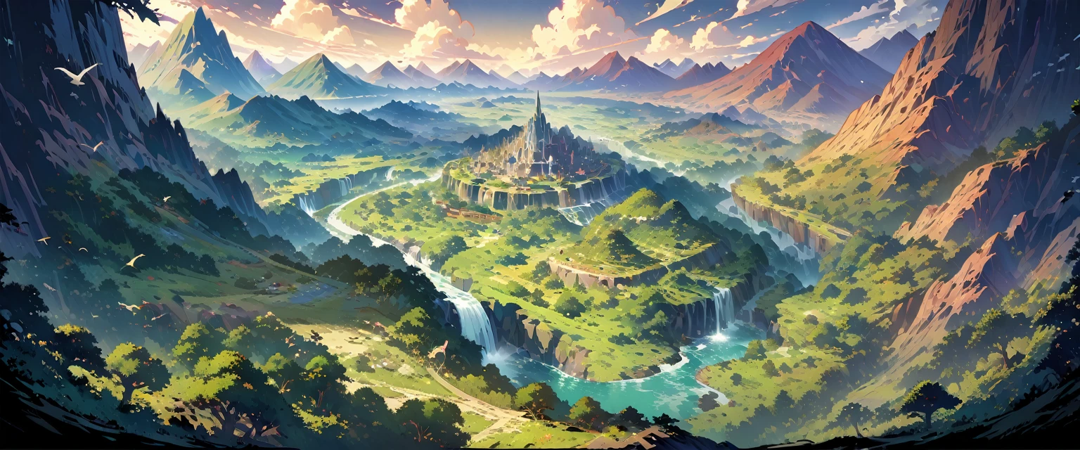 Mountains,There are endless mountains of various shapes and sizes.,Very spectacular,There are waterfalls and woods in the valley,There are birds in the sky,There is a giant dragon on the top of the mountain。Bird's eye view composition,Panorama pictures,Scene screen,Game concept art style,Anime illustration style,HD,4K。