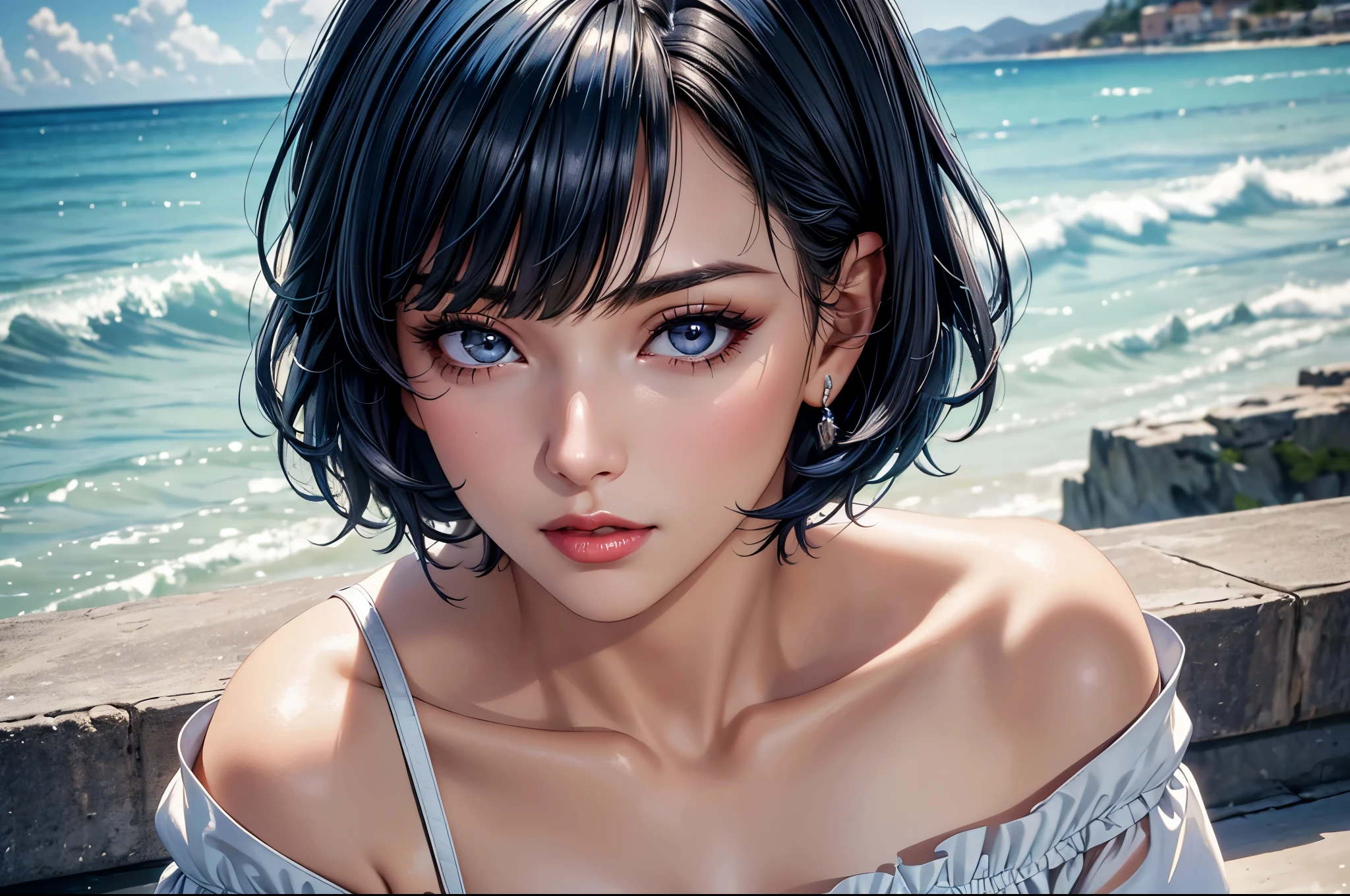 (best quality, 8K, masterpiece:1.3), pretty Woman, 1 girl, beautiful face, (Sexy), Dark-blue hair, blunt bangs short hair, white casual dress, Ultra-detailed face, Detailed lips, super detailed eyes, double eyelids, long upper eyelashes, Soft skin, HD skin, Mediterranean, Vacation Homes, pier, seaside, Water Street, 8k, Super detailed, best quality detail, retina, Ultra-high resolution, masterpiece, ccurate