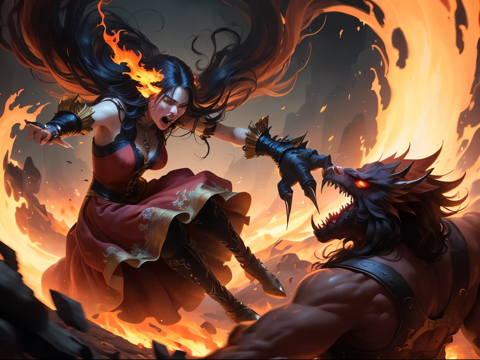 ((best quality)), ((masterpiece)), (detailed), A digital illustration of an injured long black haired woman falling from the air and attacking on a monster's hands with a golden knife with a furious expression on her face and the monster is in pain. She is wearing a full peach-colored princess dress and the background is fiery lava
