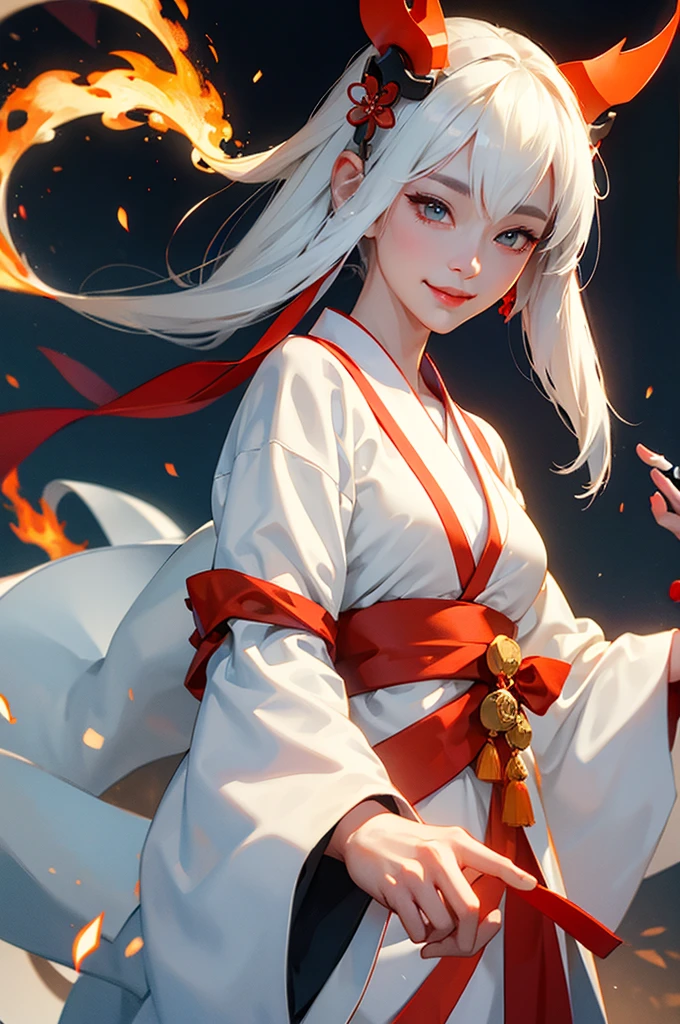 A beautiful woman in a white kimono, smiling fearlessly, as a Japanese onmyoji holds a talisman and manipulates fire