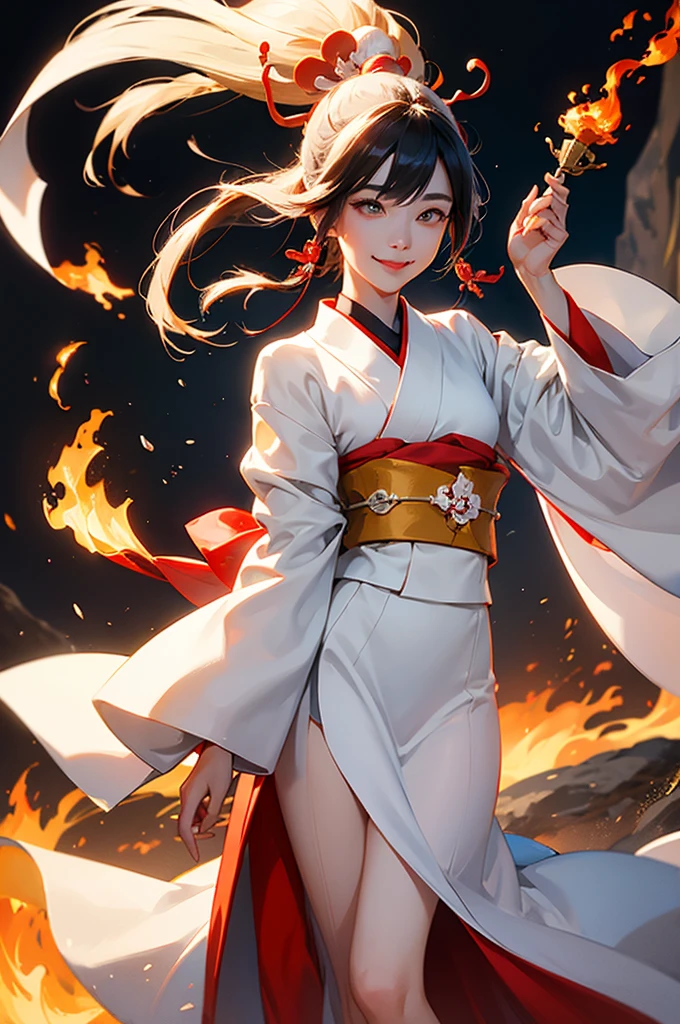 A beautiful woman in a white kimono, smiling fearlessly, as a Japanese onmyoji holds a talisman and manipulates fire