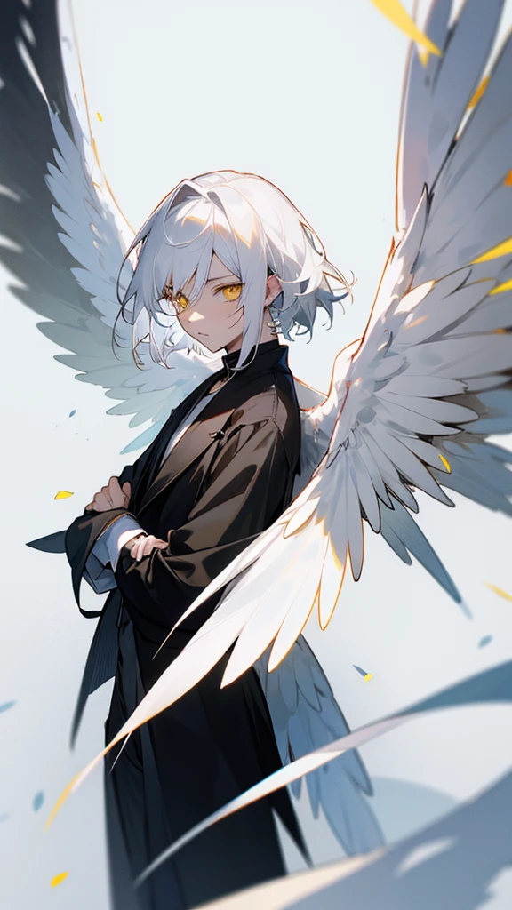 Male character white hair and yellow eyes and wings and black clothes