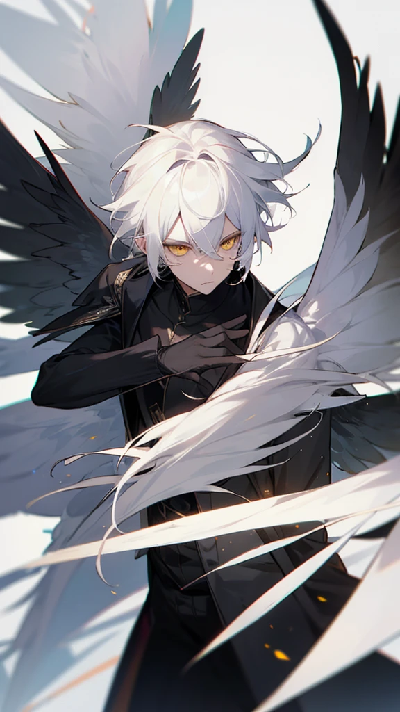 Male character white hair and yellow eyes and wings and black clothes 