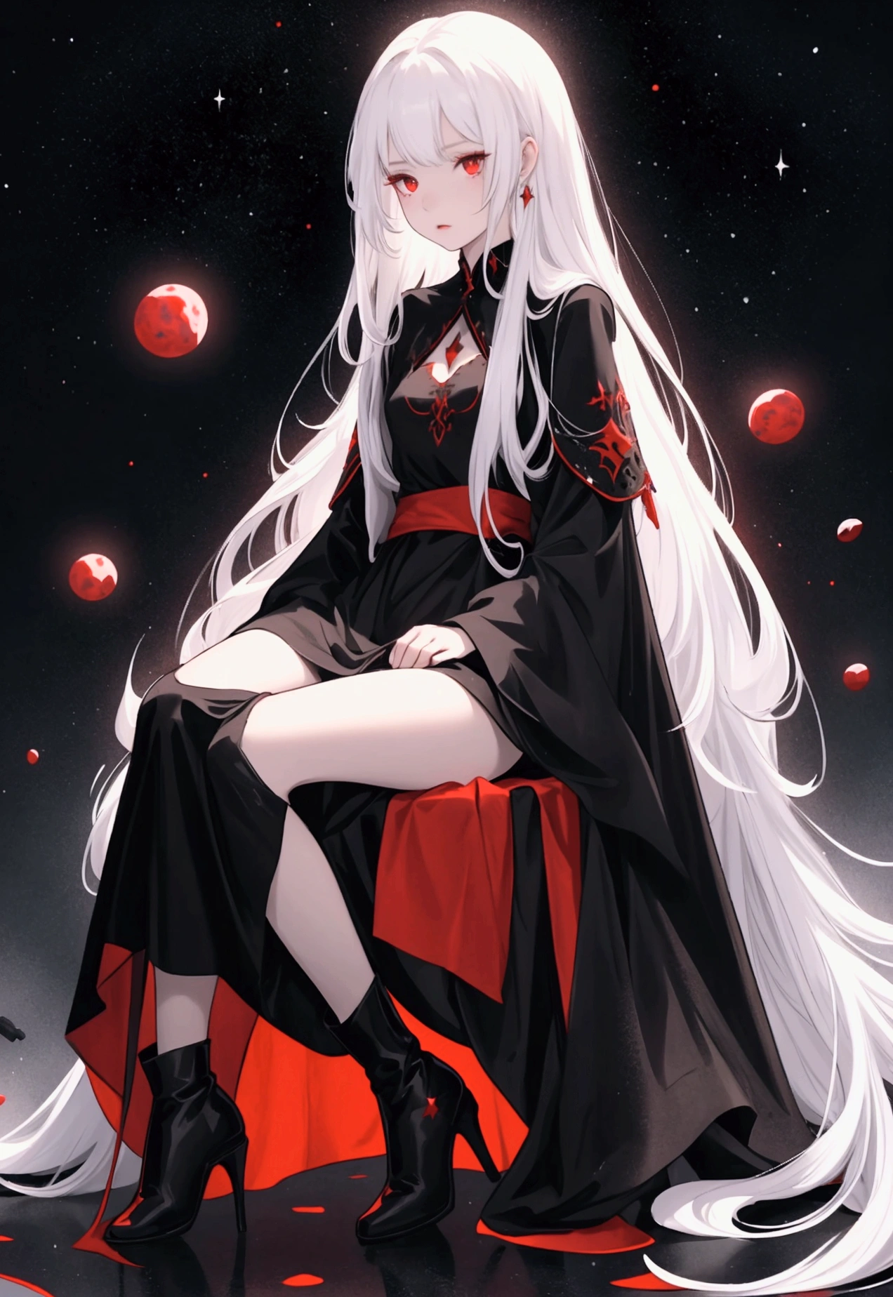 Girl with long white hair down to her waist, with small red details, red eyes, long black dress with a leg slit, with red details, long black boots up to below the knees, white skin, the ground around her is cracking and small stones are floating around her surrounded by a black aura, she is surrounded by shadows, and the background is dark like the night with the universe and stars, her presence causes fear, her shadow appears to be a monster, 8k, high quality, full body,