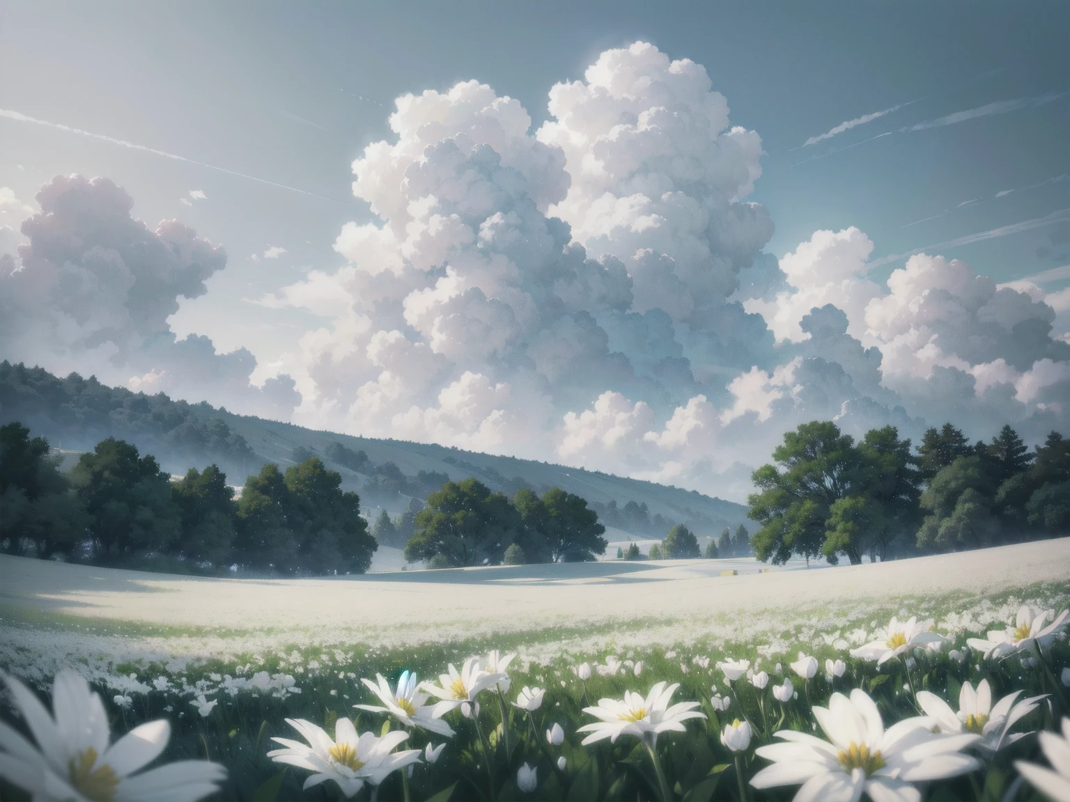 there is a field of white flowers with a gray sky in the background, a lot of white, cloudy sky, many white flowers flower field background, grey clouds, Fluffy fields in the background,  field of flowers, 1 white marble tombstone background, High resolution