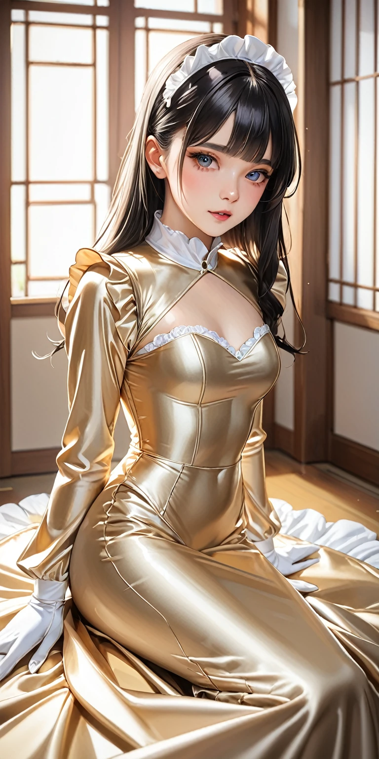 Portraiture、(masterpiece,Highest quality,Ultra-high resolution),Japanese women, (((Very beautiful 25 year old girl)))、(She is wearing a shiny pale gold satin long sleeve maid dress.)、The dress has a simple design without any patterns..、The skirt is a long mermaid style skirt.、Satin Gloves、((Satin bodysuit))、Bright room