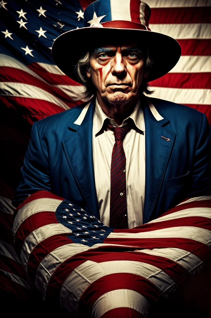 A powerful, bold portrait of Uncle Sam, a symbol of American patriotism and propaganda, dramatic lighting, gritty textures, vibrant colors, dramatic composition, thought-provoking message, masterful digital painting, cinematic atmosphere, high contrast, dynamic pose, intense gaze