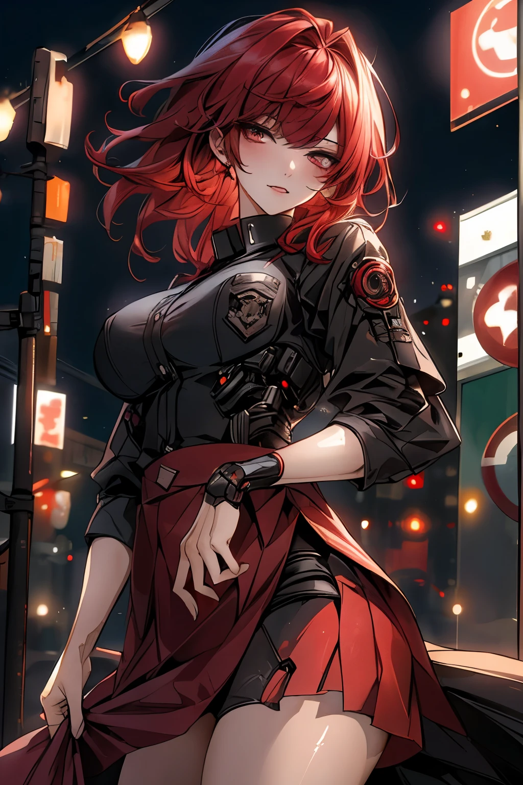 ((best quality)), ((Masterpiece)), (details), 1สาว, police uniform, Curtain Bangs, Red hair, short Red skirt, คุกเข่า, big breasts, city background, night, เหมือนจริง, 8k, natural lighting, soft lighting, sunlight, HDR (High Dynamic Range), Maximum Clarity And Sharpness, Multi-Layered Textures, ทรงผมหลายชั้น, cyborg, cyberpunk, โกรธ, crwond
