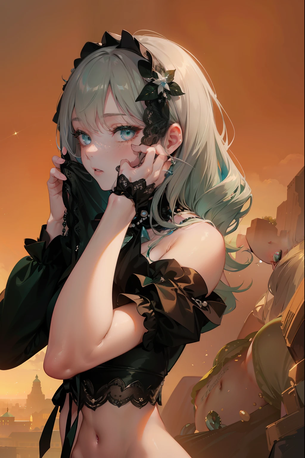((dark fantasy)), ((wavy hair, silver hair color, pale skin),(((green aquamarine eyes))), freckles, warm light,( 16 years old),busty,Glamour,Gorgeous,monochromes,erotic posing,Dynamic Posing,Arrange Pose,Dramatic,Cinematic,Detailed background, Dynamic Angle,From the angle of the film,Gothic background, Dark fantastic view,Best Quality,masutepiece,8K,The ultimate detailed dark background, Top image quality、RAW photography、超A high resolution,cropped shoulders, overall look is very erotic、Shot for one person only, model shoot, Large round chest, Beautiful Eyes of Details、Very slender eyes、Beautiful eyelashes、Very slim physique, with blush cheeks,Pearl Beaded Bralet Top, ((pearl top)), ((pearl bra))