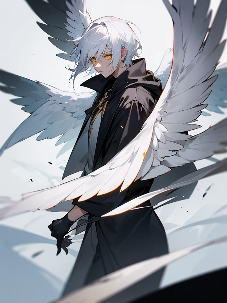 Male character white hair and yellow eyes and wings and black clothes