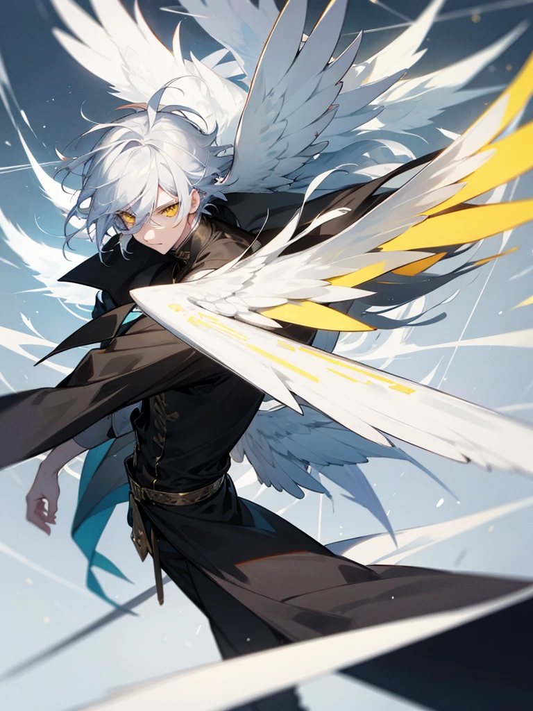 Male character white hair and yellow eyes and wings and black clothes