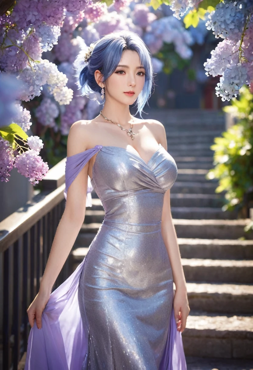 Top of the line CG, highest image quality, masterpiece,8k image quality, exquisite and delicate beautiful girl, ,st._louis_(azur_lane), azur_lane, 1girl, blue_hair, earrings, jewelry, hair_ornament, high_side_ponytail, large_breasts, plunging_neckline, purple_eyes, wavy_hair, bare_shoulders, silver dress, silver evening_gown, necklace,in hot spring,Onsen,glowing stardust frontground,fantasy,sparkling,fireflies,pussy_juice