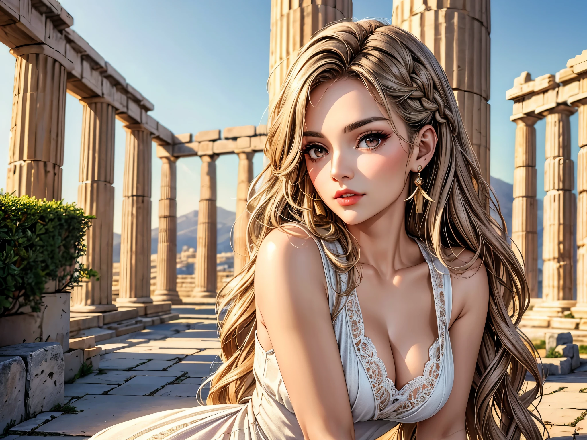 (best quality, 8K, masterpiece:1.3), pretty Woman, 1 girl, beautiful face, (Sexy), light brown gradient hair, blunt bangs wavy long hair side braids, long braid, white casual dress, Ultra-detailed face, Detailed lips, super detailed eyes, double eyelids, long upper eyelashes, Soft skin, HD skin, Mediterranean, Athens, Ancient miracles, Greek temple ruins, Giant pillars, 8k, Super detailed, best quality detail, retina, Ultra-high resolution, masterpiece, ccurate