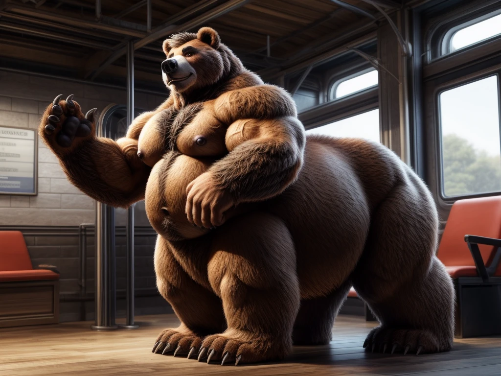 furry, fur taur, beartaur, middle-age, solo,1man, detailed face, bear ears, bear eyes(brown), bear nose(black), bear mouth, garibaldi beard(grey), hair, mature hair(grey), detailed arm, thick arm, forearm hair, muscular, thick hands(5 fingers), thick claws, detailed body belly, thick body, muscle belly(white), thick chest, chest hair(white), nipples, detailed taur body, thick taur body, waist hair, thick bear paws, bear paws hair, thick bear claws, thick bear tail, full body shot, standing in the station