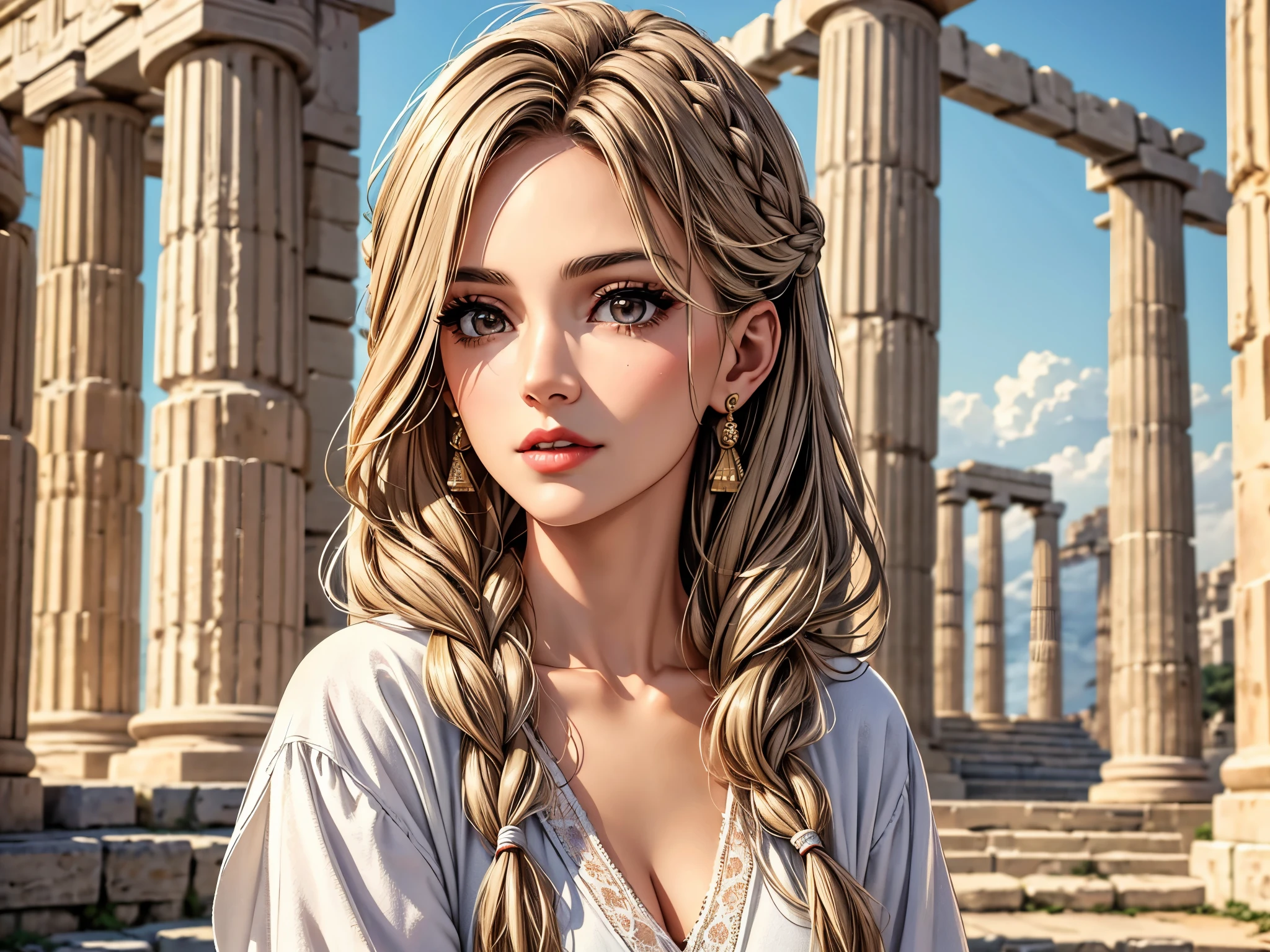 (best quality, 8K, masterpiece:1.3), pretty Woman, 1 girl, beautiful face, (Sexy), light brown gradient hair, blunt bangs wavy long hair side braids, long braid, white casual dress, Ultra-detailed face, Detailed lips, super detailed eyes, double eyelids, long upper eyelashes, Soft skin, HD skin, Mediterranean, Athens, Ancient miracles, Greek temple ruins, Giant pillars, 8k, Super detailed, best quality detail, retina, Ultra-high resolution, masterpiece, ccurate