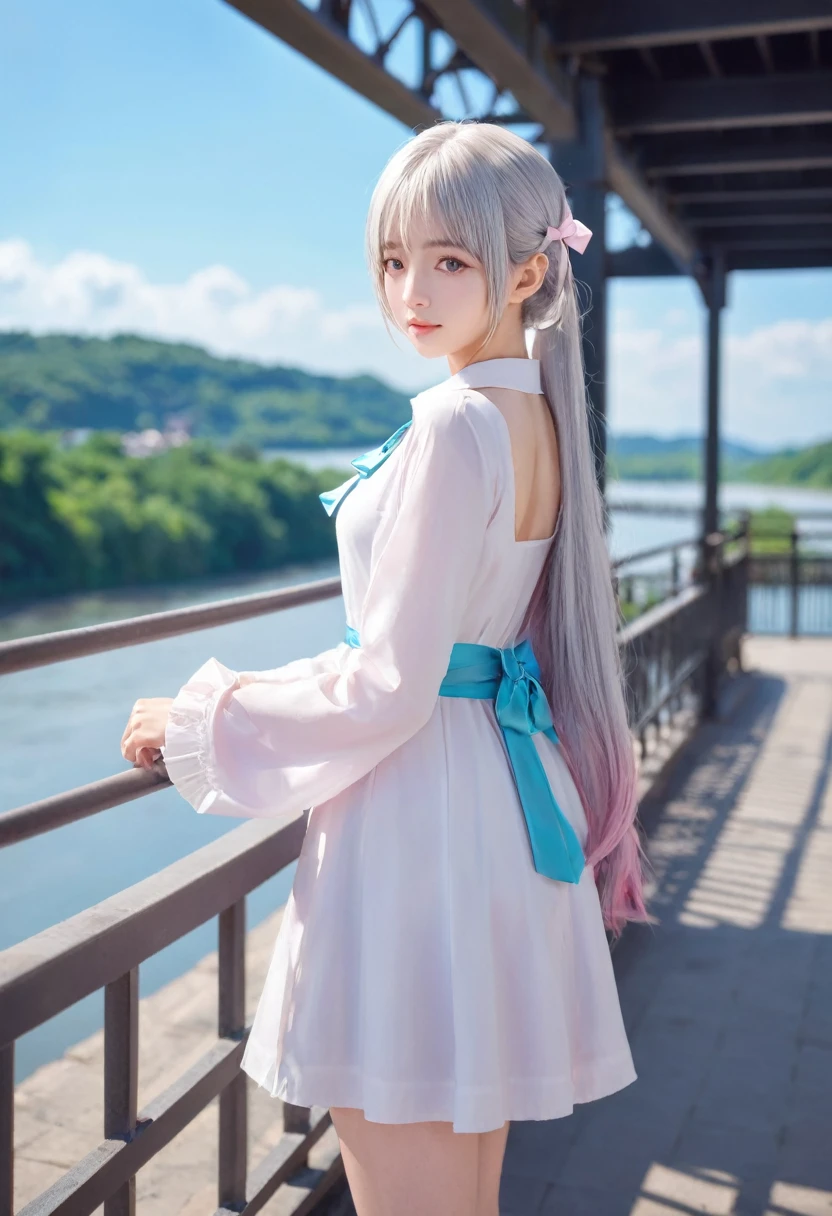 Top of the line CG, highest image quality, masterpiece,8k image quality, exquisite and delicate beautiful girl, ,izumi_sagiri, eromanga_sensei, blue_eyes, grey_hair, white_hair, pink_hair_bow, long_hair, low-tied_long_hair, dress, pink_dress, long_sleeves, pajamas,on bridge,over a river,gorgeous Fireworks in sky,