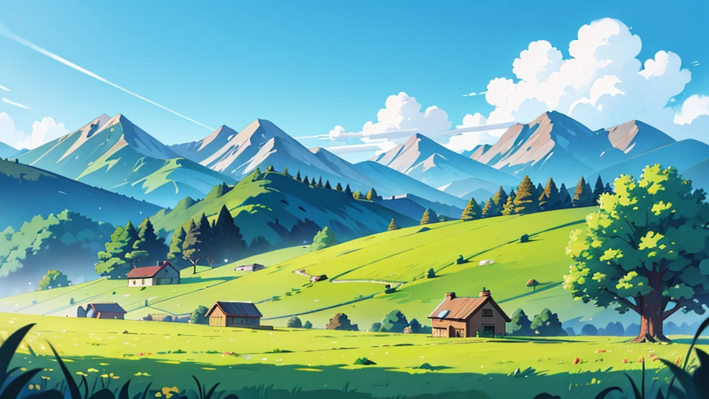 A pasture field valley with mountains along. clouds cartoon cartoon
