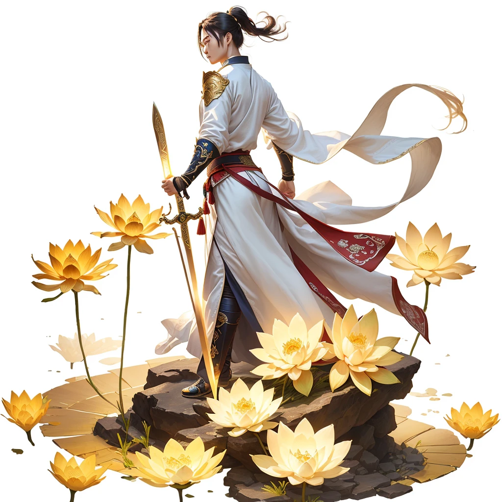 Long-haired man,Chinese style,Full body martial arts,Full body fairy,Ancient costume,Hold a sword in hand,golden lotus,Realistic style,Like photos,lifelike,Increase shadow lightness