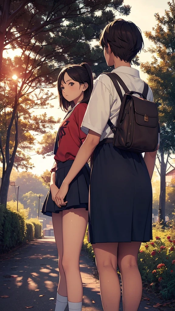 A couple is going to school in the morning. The girl is wearing small clothes, big hips, with bags behind her, and her is near trees. Moody color tone, sharpness, sunlight